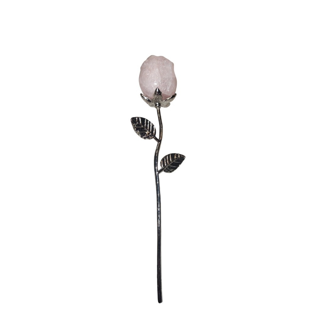 Rose Quartz Flower Hair Pin Silver Tone Metal Stem Carved Crystal Rosebud 6.5"